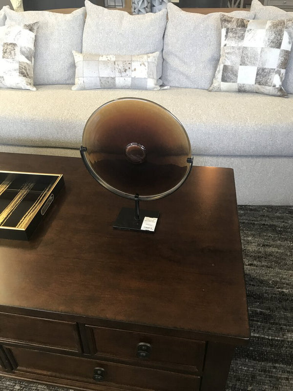 Amber Glass Disc on Black Metal Stand