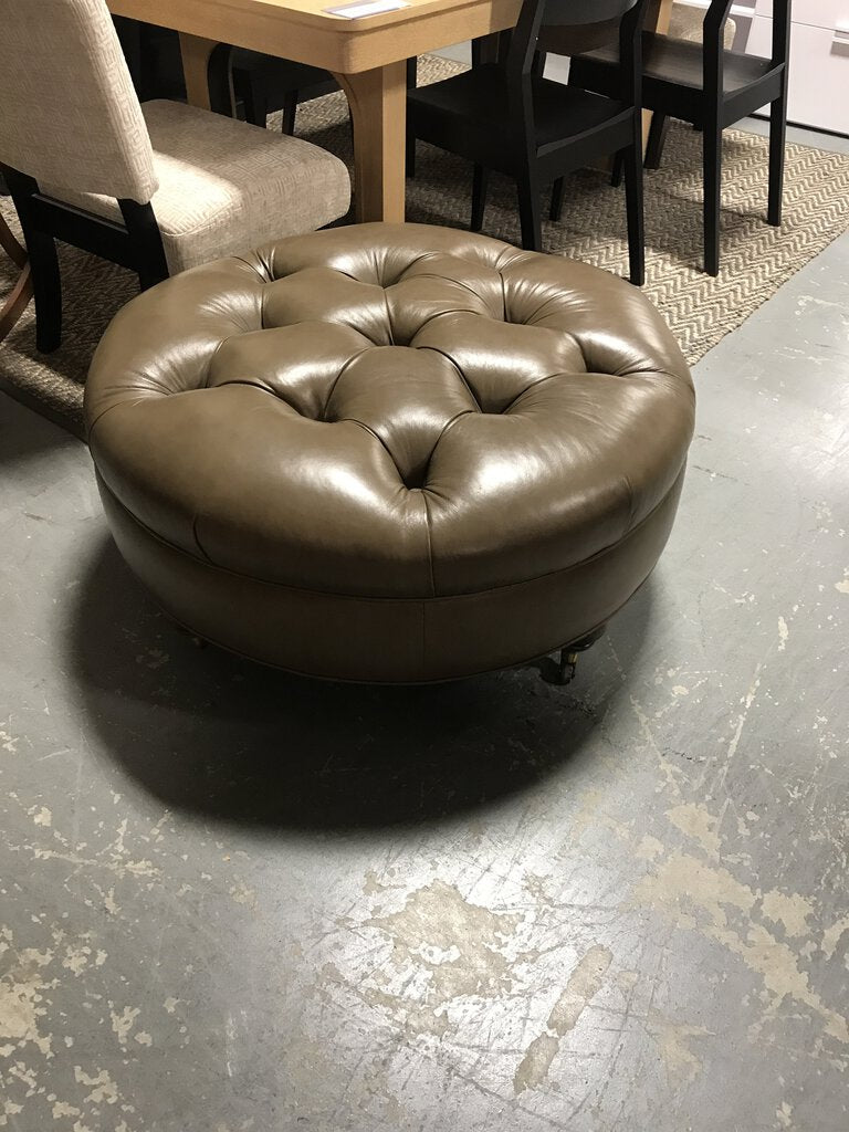 Taupe Tufted Leather Ottoman 38"