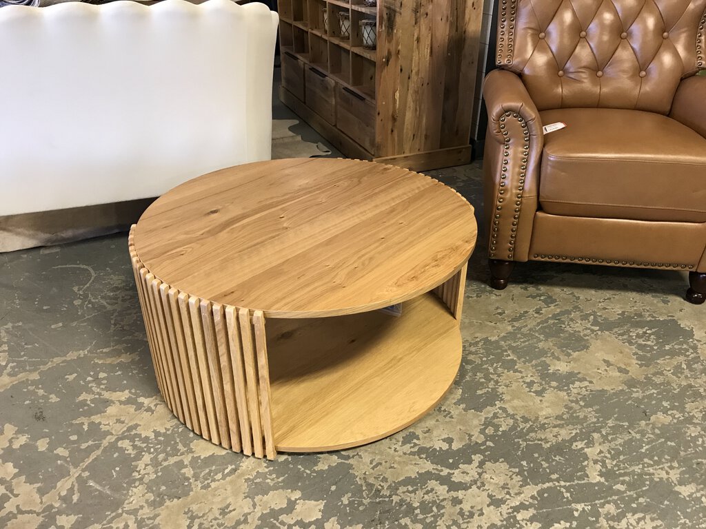 34" Round Coffee Table w/Slatted Sides - Light Oak